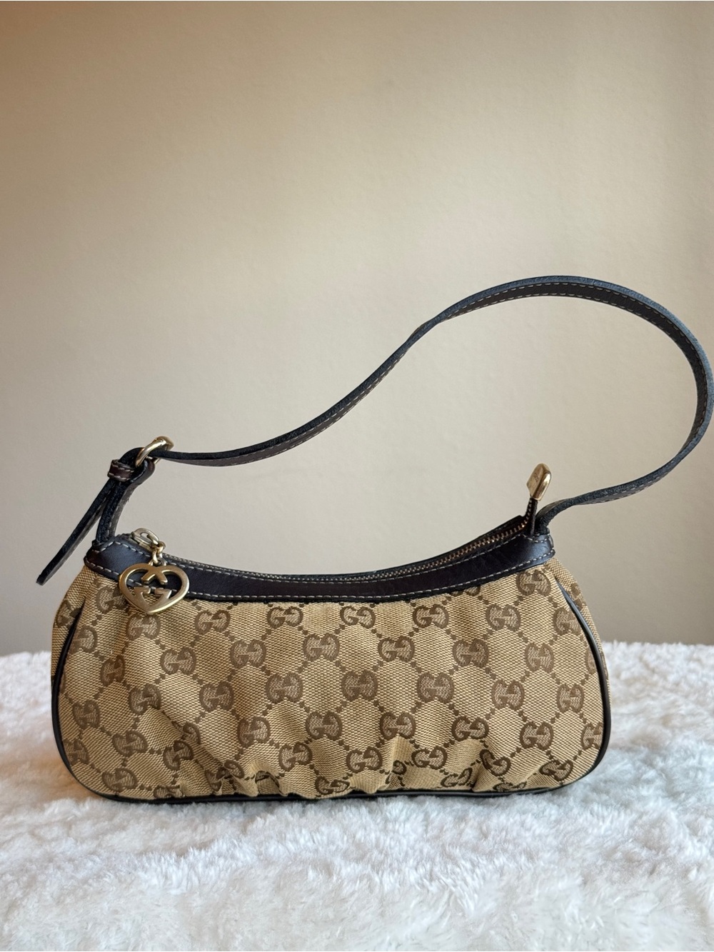 Gucci Tan GG Canvas Shoulder Bag with Dark Brown Trim and Gold Charm